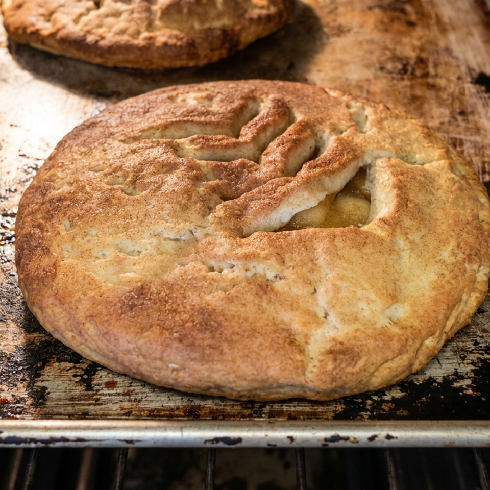 Golden-brown rustic fruit pie with a lattice crust baking on a well-used metal oven tray.