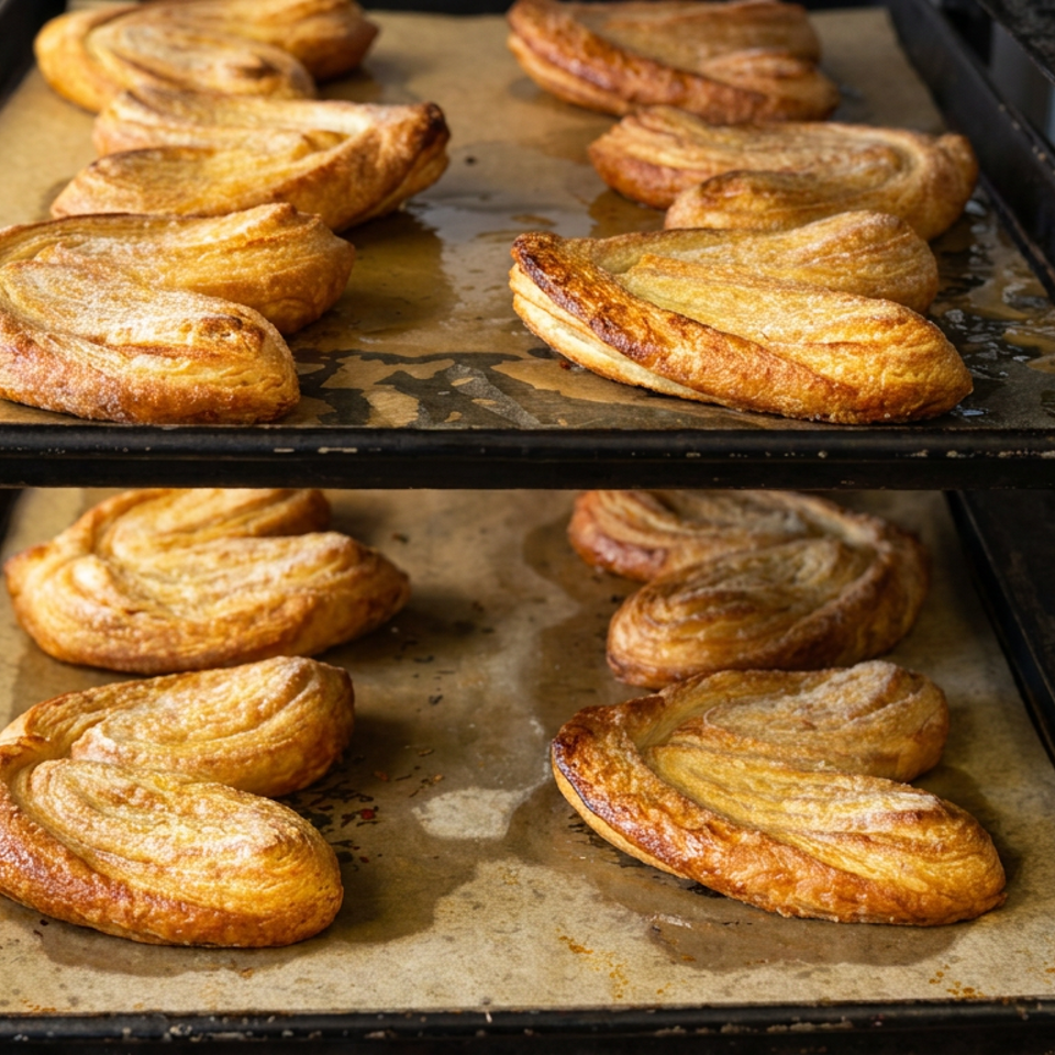 Golden, flaky heart-shaped pastries cool on parchment-lined baking trays in a bakery rack.