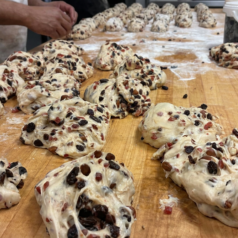 Baker shapes rows of fruit- and nut-filled dough on a floured wooden worktable.