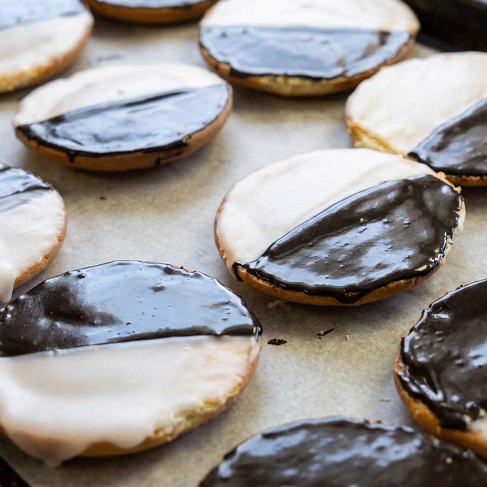 Chocolate and vanilla half-glazed cookies arranged on a parchment-lined baking tray.