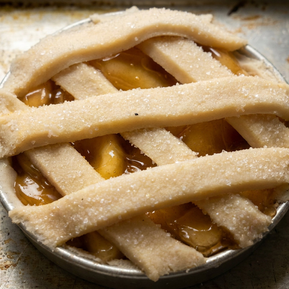 Unbaked lattice-top fruit pie in a metal pan, resting on a well-used baking sheet.