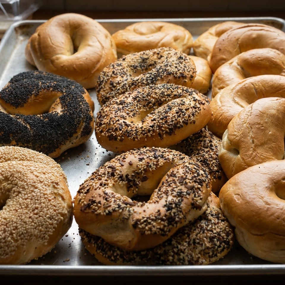 Assorted freshly baked bagels, including plain, sesame, poppy, and everything varieties, arranged on a metal baking tray.
