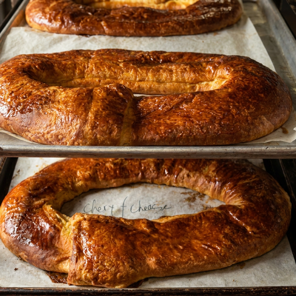 Glossy, freshly baked ring-shaped pastries cool on parchment-lined trays in a bakery rack.