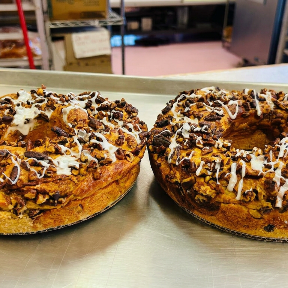 Two large ring-shaped pastries topped with chopped nuts, chocolate pieces, and white icing sit on a metal bakery tray.