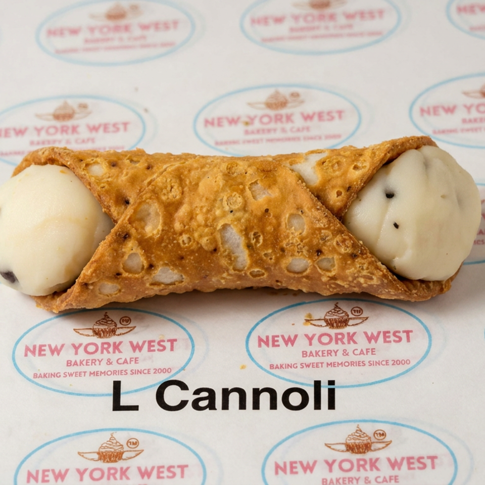 Cannoli filled with white cream and chocolate chips on New York West Bakery & Cafe branded paper.