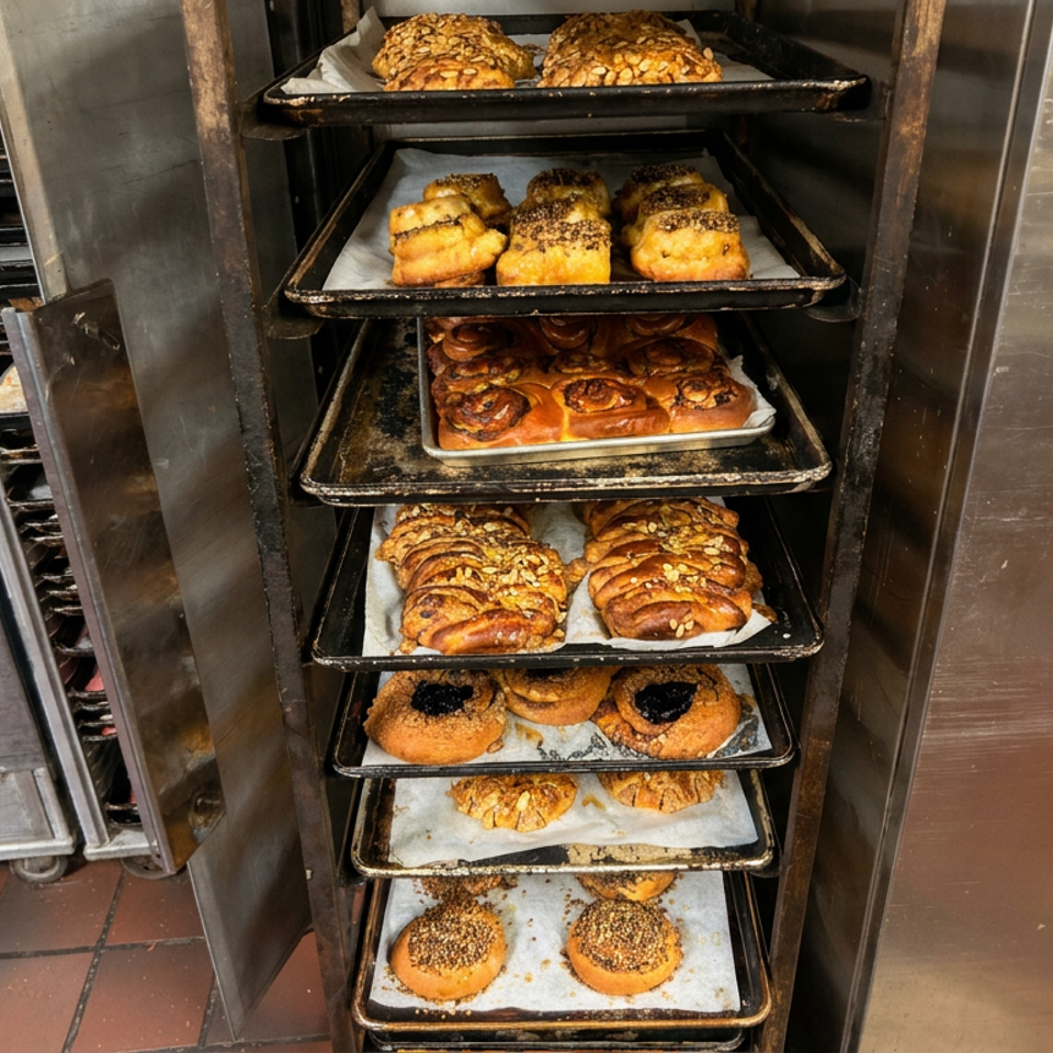 Commercial bakery rack filled with trays of freshly baked pastries, rolls, cookies, and seeded buns.