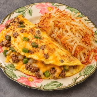 Breakfast Special with 2 Egg, Meat, Omelet, HF, & Toast